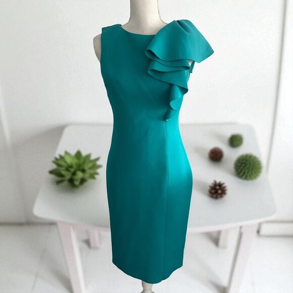 ELIZA J Aqua Teal Ruffle Shoulder Scuba Dress Size 4 - Picture 1 of 8